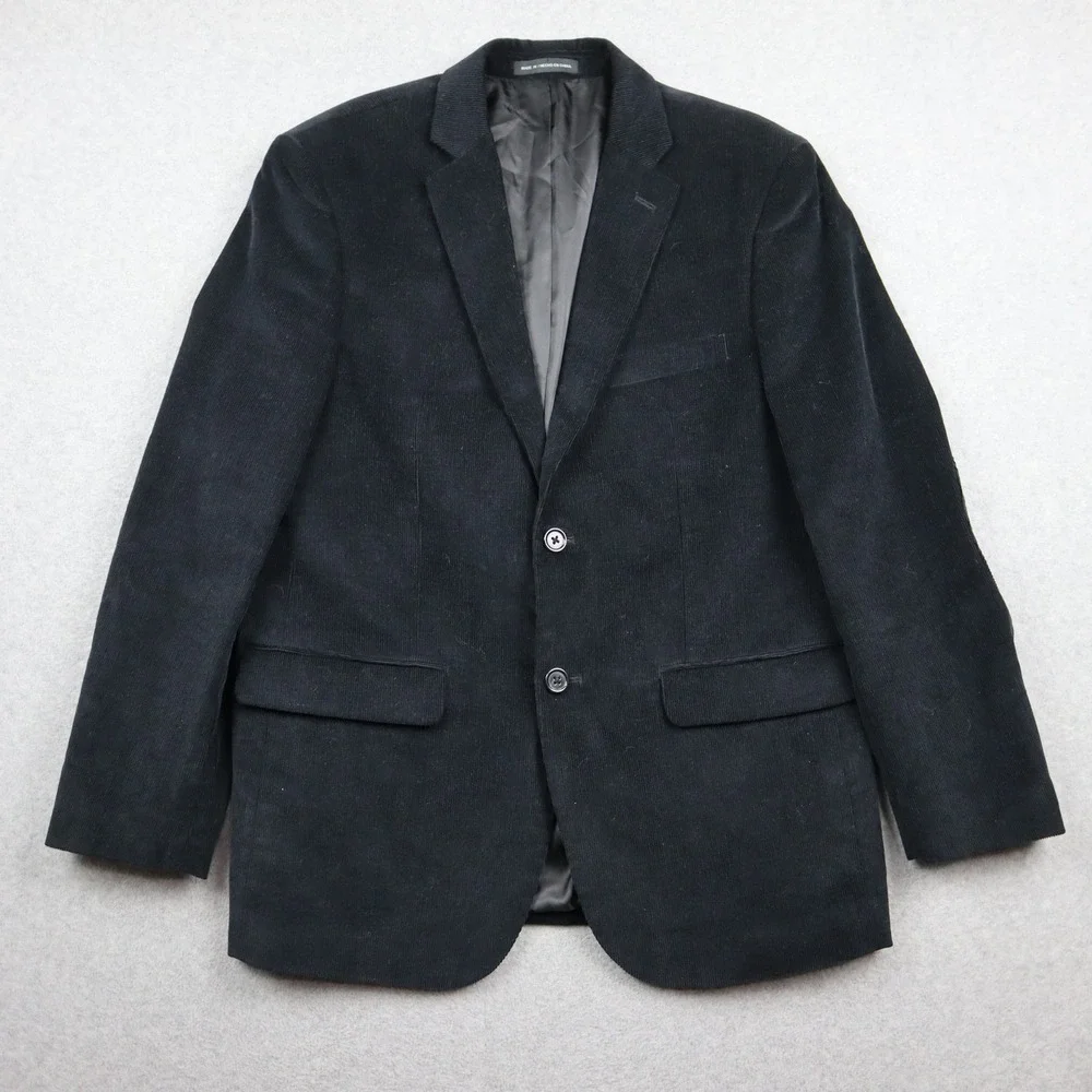 Perry Ellis Portfolio Blazer Mens 40S Slim Fit Black Corduroy Elbow Patches